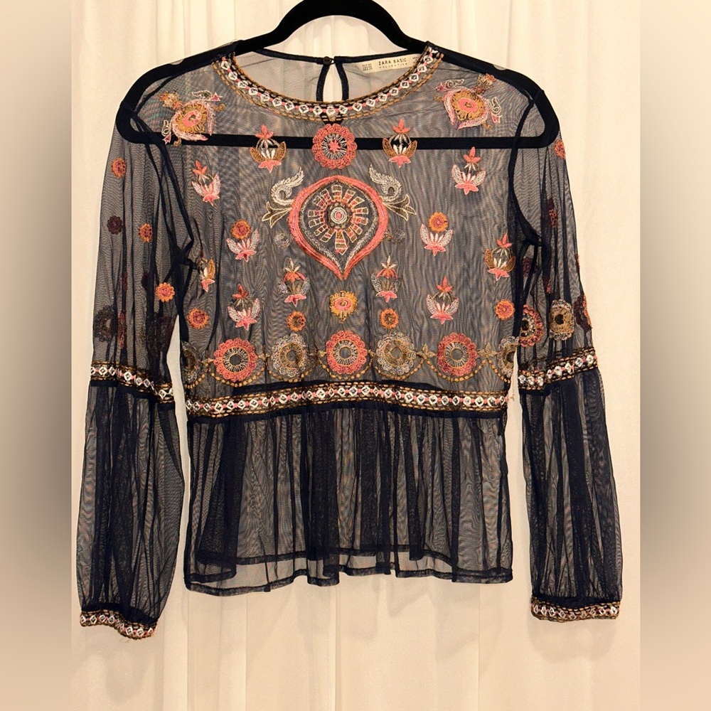 Zara Embroidered Sheer Black Top